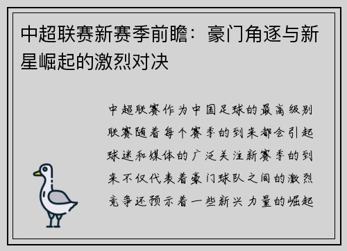 中超联赛新赛季前瞻：豪门角逐与新星崛起的激烈对决