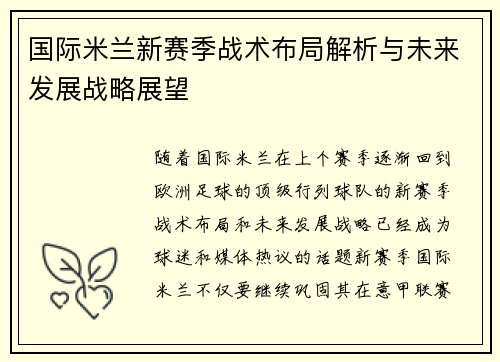 国际米兰新赛季战术布局解析与未来发展战略展望