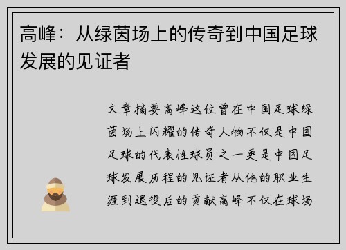 高峰：从绿茵场上的传奇到中国足球发展的见证者