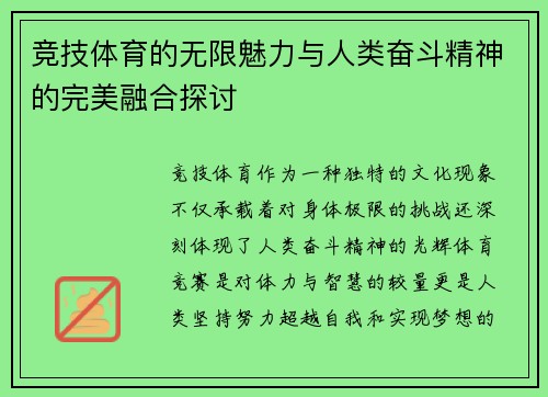 竞技体育的无限魅力与人类奋斗精神的完美融合探讨