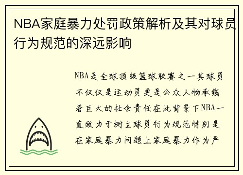 NBA家庭暴力处罚政策解析及其对球员行为规范的深远影响