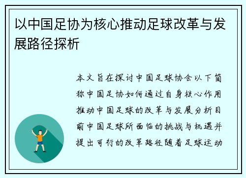 以中国足协为核心推动足球改革与发展路径探析