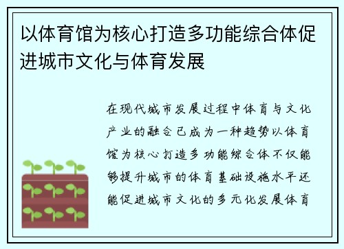 以体育馆为核心打造多功能综合体促进城市文化与体育发展