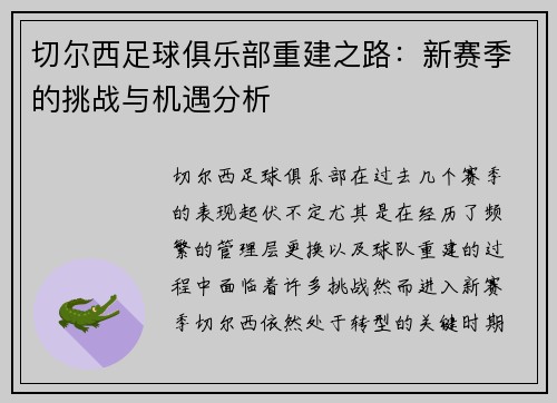 切尔西足球俱乐部重建之路：新赛季的挑战与机遇分析