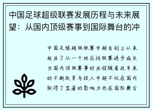 中国足球超级联赛发展历程与未来展望:从国内顶级赛事到国际舞台的冲刺